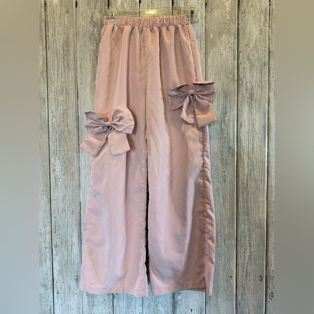 Girls' Pink Wide-Leg Pants with Side Bow Detail